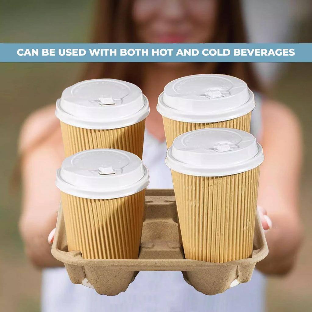 Eco-friendly cardboard drink holder tray with 2 cups, sturdy kraft material, designed for coffee, tea, and cold drinks by Reign Goods.