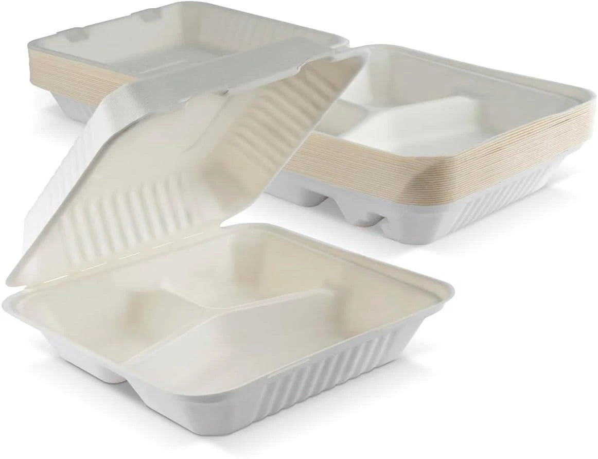 Reign Goods eco packaging Bagasse 3-compartment 9x9-inch compostable takeaway meal box with divided sections for food.
