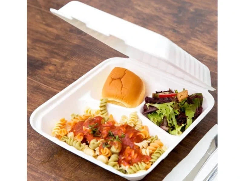 Reign Goods eco-friendly bagasse 3-compartment 9x9-inch meal box, compostable takeaway container for eco packaging.