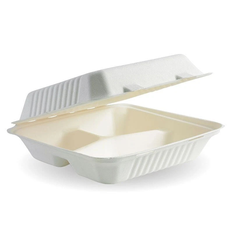 Reign Goods eco-friendly bagasse 3-compartment meal box, 9x9 inches, compostable takeaway container for eco packaging.