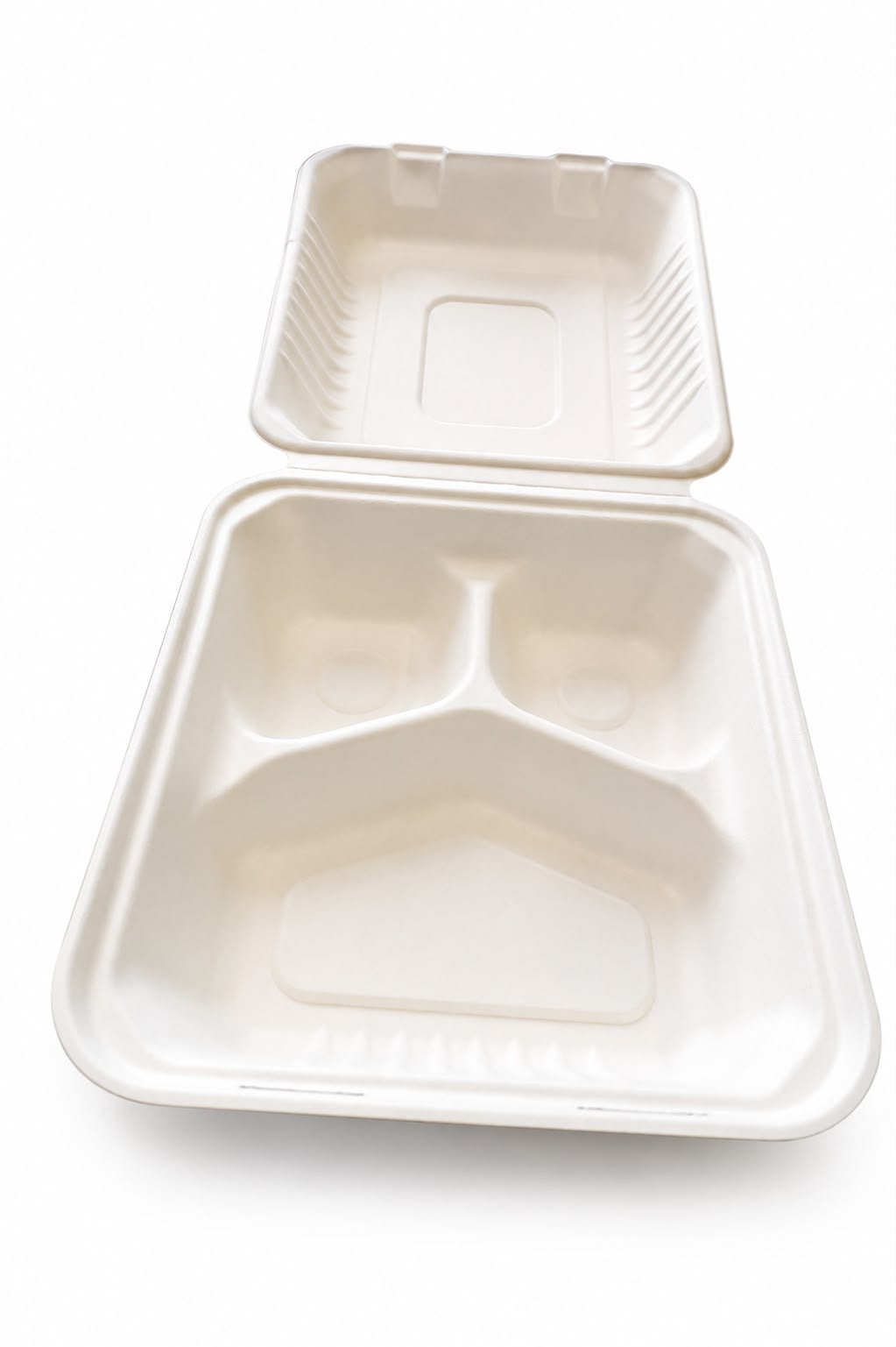 Reign Goods bagasse 3-compartment meal box, 9x9 inches, compostable eco-friendly takeaway container with three sections.