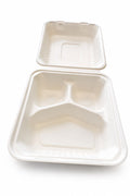 Reign Goods bagasse 3-compartment meal box, 9x9 inches, compostable eco-friendly takeaway container with three sections.