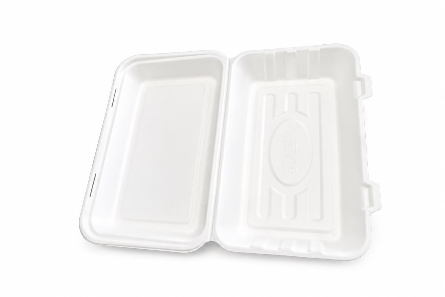 Reign Goods eco bagasse food containers, 10x6 inches, compostable fish and chip takeaway boxes for eco-friendly packaging.