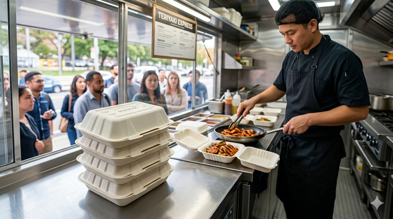 Reign Goods Bagasse food containers 7.5"x6" compostable eco-friendly clamshell takeaway boxes for food packaging.