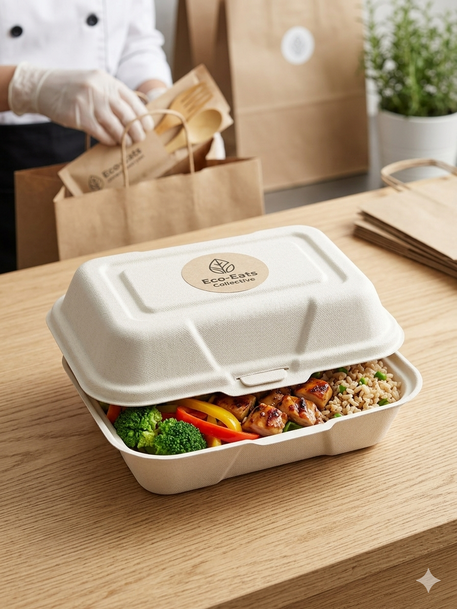 Reign Goods eco-friendly bagasse food containers, 7.5"x6" compostable clam shell takeaway boxes for eco packaging.