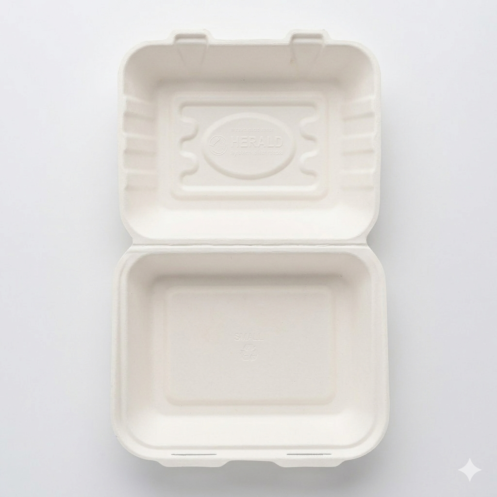Reign Goods eco-friendly bagasse food containers, 7.5"x6" compostable clamshell takeaway boxes for eco packaging.