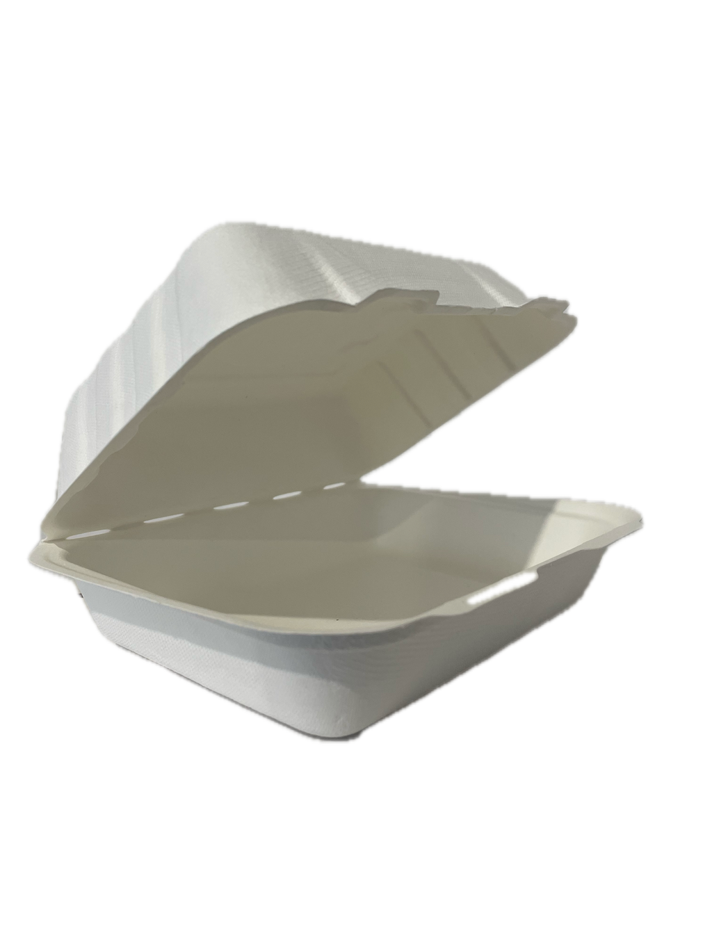 Reign Goods bagasse food containers, 7.5"x6" compostable clamshell takeaway boxes for eco-friendly packaging.