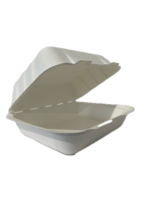 Reign Goods bagasse food containers, 7.5"x6" compostable clamshell takeaway boxes for eco-friendly packaging.