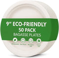 Set of 50 eco-friendly Bagasse compostable round plates in 9 and 10 inches by Reign Goods, ideal for sustainable dining.