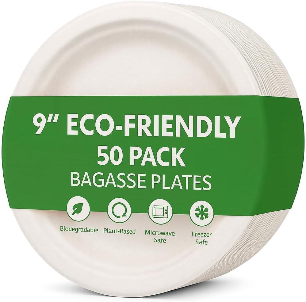 Set of 50 eco-friendly Bagasse compostable round plates in 9 and 10 inches by Reign Goods, ideal for sustainable dining.