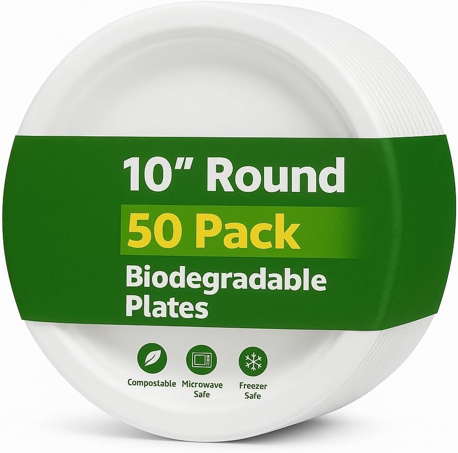 Set of 50 eco-friendly Bagasse compostable round plates in 9 and 10-inch sizes, ideal for eco-conscious disposable tableware.