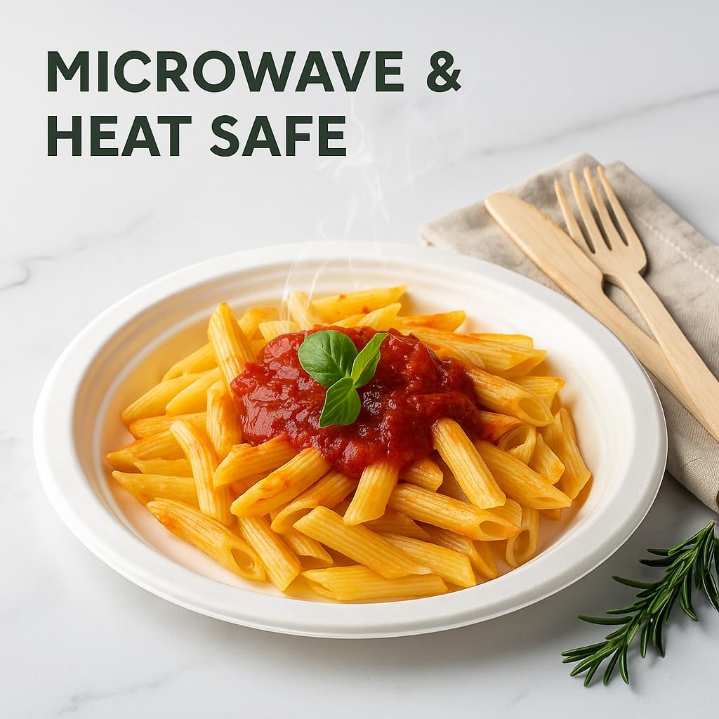 Set of 50 compostable Bagasse round plates from Reign Goods, 9 and 10 inches, eco-friendly disposable tableware for eco-conscious events.