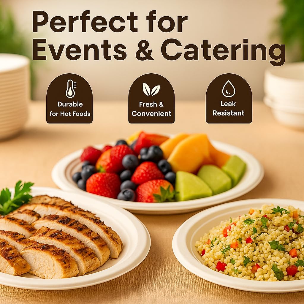 Set of 50 eco-friendly Bagasse compostable round plates in 9 and 10 inches, suitable for eco disposable tableware.