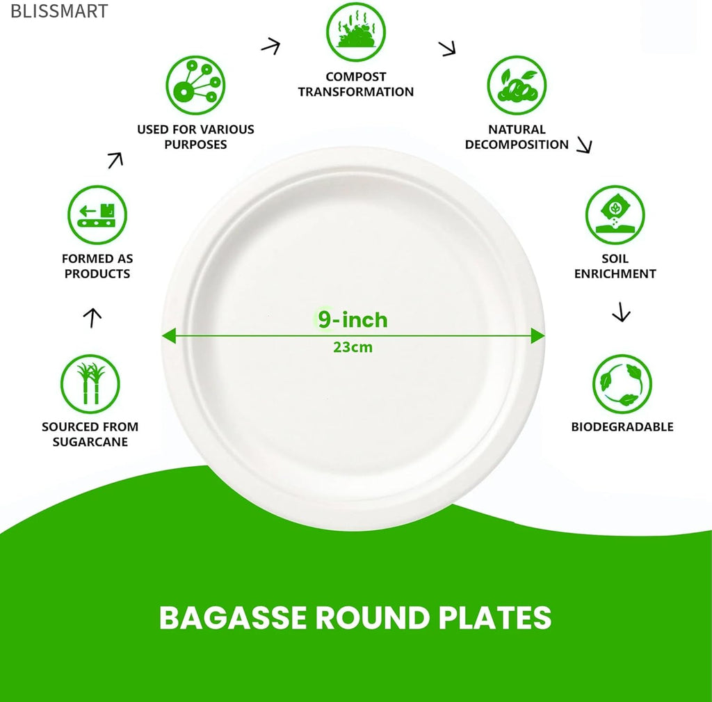 Set of 50 eco-friendly Bagasse compostable round plates in 9 and 10 inches by Reign Goods, perfect for sustainable dining.