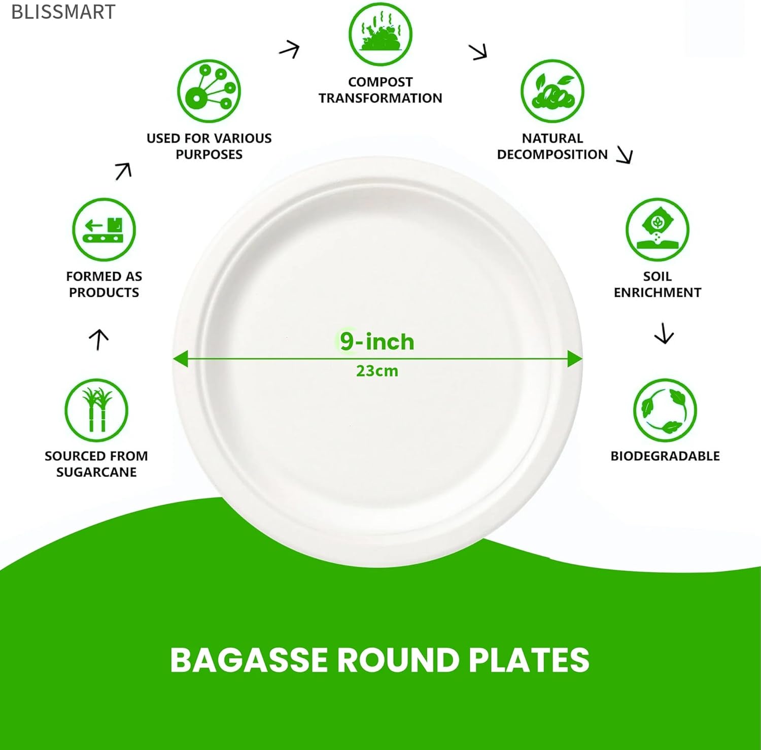 Set of 50 eco-friendly Bagasse compostable round plates in 9 and 10 inches by Reign Goods, perfect for sustainable dining.