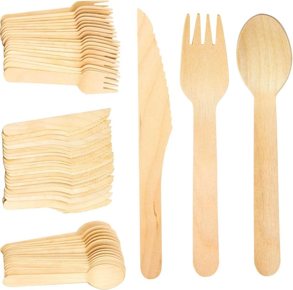 Reign Goods eco-friendly wooden cutlery bulk pack with compostable spoons, forks, and knives for sustainable disposable tableware.