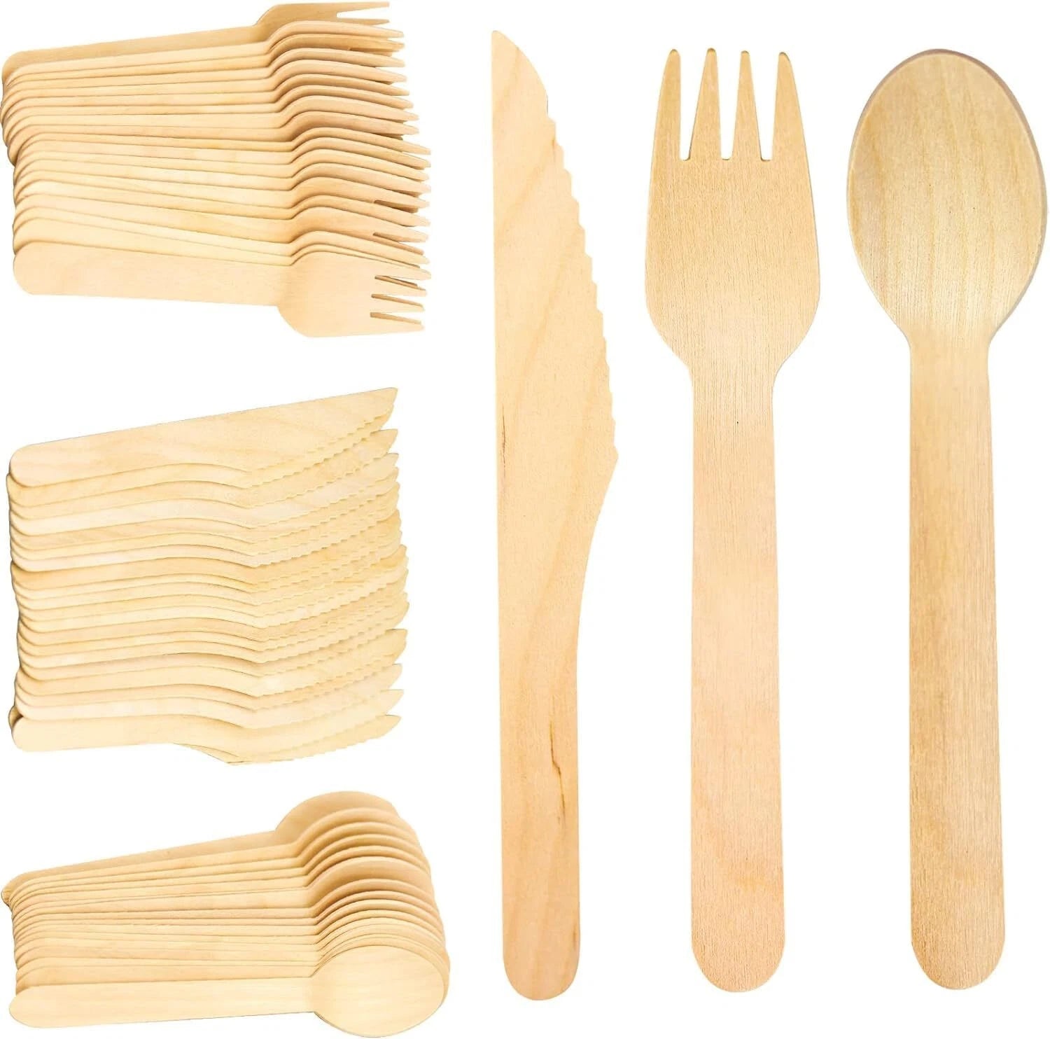 Reign Goods eco-friendly wooden cutlery bulk pack with compostable spoons, forks, and knives for sustainable disposable tableware.
