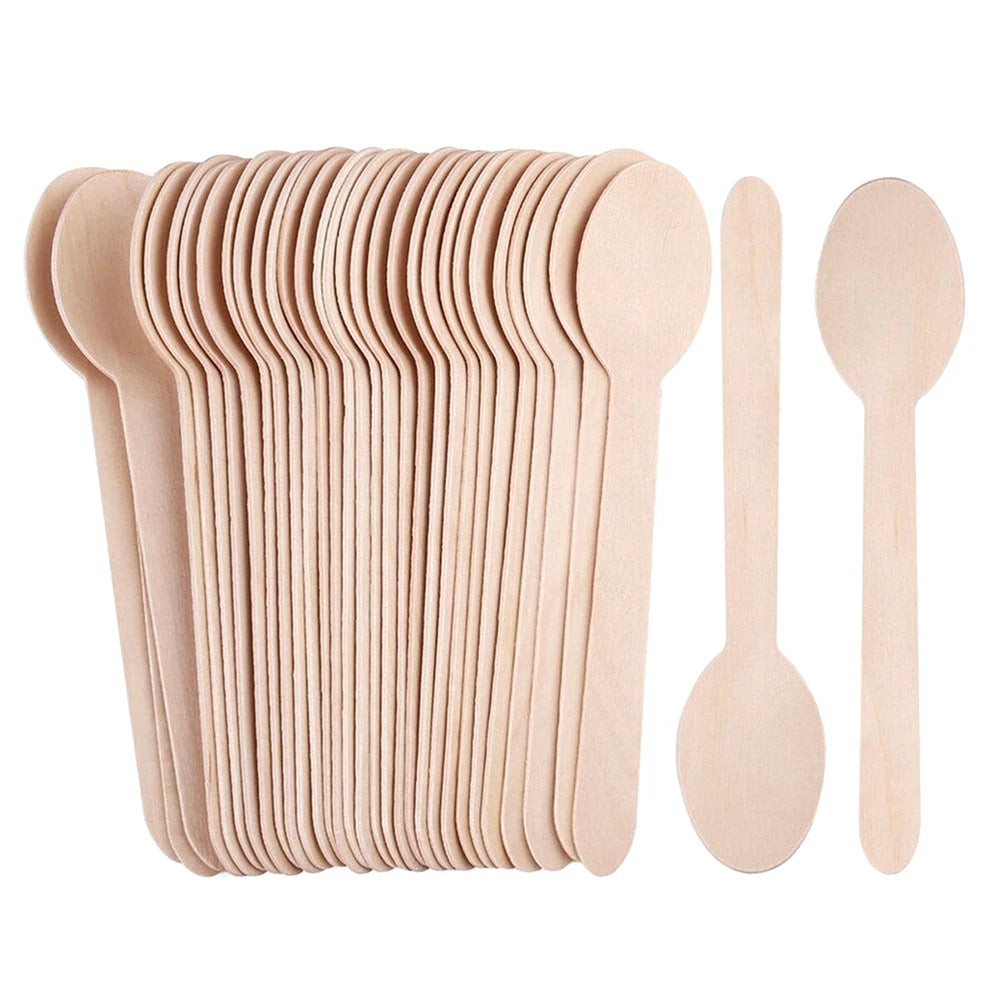 Reign Goods eco-friendly wooden cutlery bulk pack with compostable spoons, forks, and knives for sustainable disposable tableware.