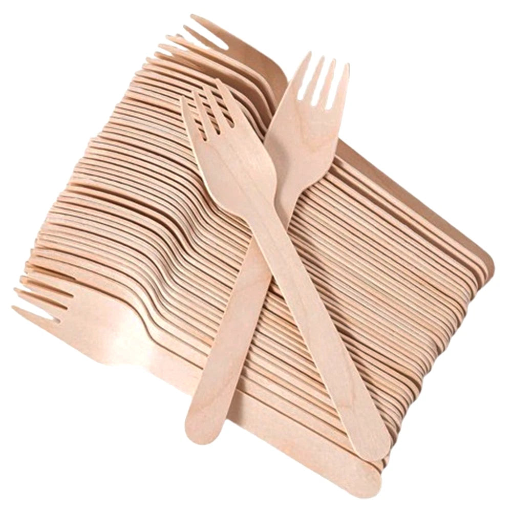 Reign Goods wooden cutlery bulk pack with compostable spoons, forks, and knives for eco-friendly disposable tableware.