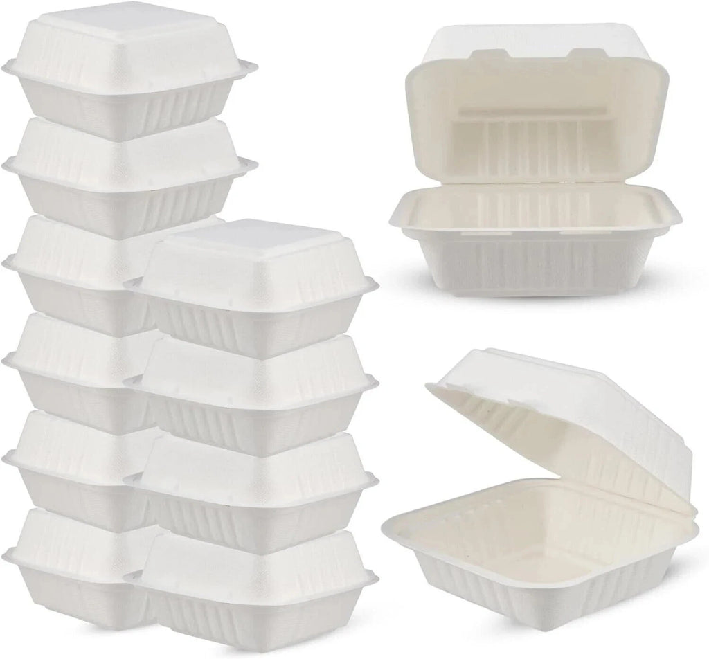 Reign Goods HP6 Bagasse Burger Boxes 6x6 inches, compostable clamshell food storage containers for takeaway, 5-500 pack