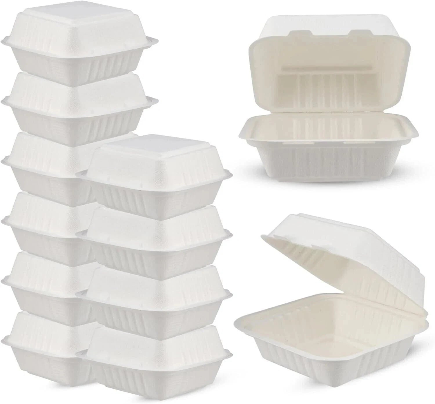 Reign Goods HP6 Bagasse Burger Boxes 6x6 inches, compostable clamshell food storage containers for takeaway, 5-500 pack