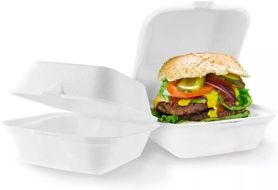 Reign Goods HP6 Bagasse burger boxes 6x6-inch compostable clamshell takeaway food containers, 5 to 500 pack.