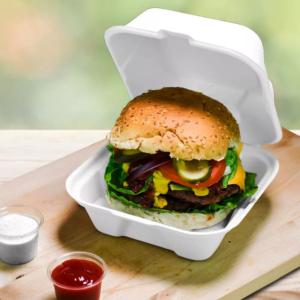 Reign Goods HP6 Bagasse burger boxes, 6x6 inch compostable clamshell food storage containers for takeaway meals, 5-500 pack