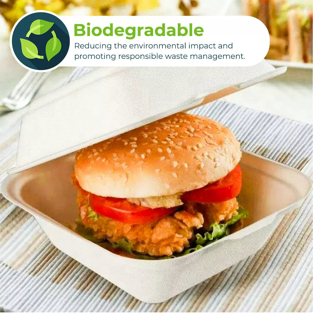 Reign Goods HP6 Bagasse Burger Boxes 6x6 inch compostable clamshell takeout food containers, 5-500 pack, eco-friendly food storage.