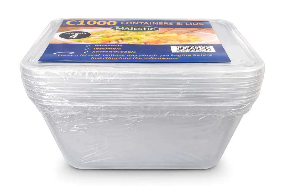 Set of 25 Reign Goods clear plastic food storage containers with lids, 1000ml, BPA-free, microwave and freezer safe.