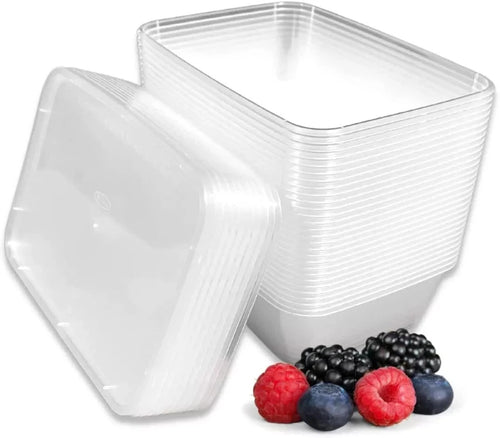 Set of 25 clear plastic food storage containers with lids, 1000ml, BPA-free, microwave and freezer safe, from Reign Goods.