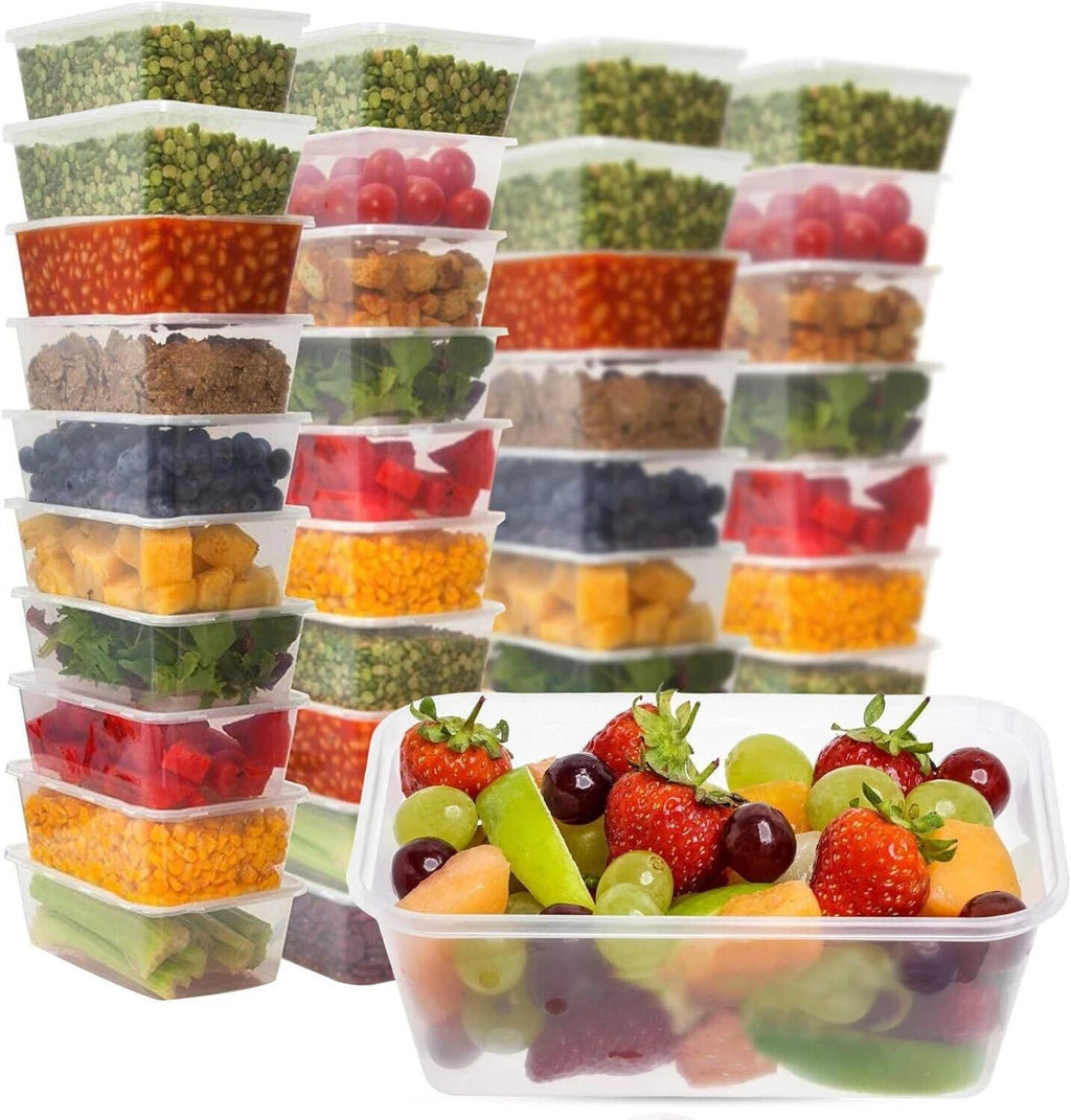 Reign Goods 1000ml clear plastic food storage containers with lids, BPA-free, microwave and freezer safe, ideal for meal prep.