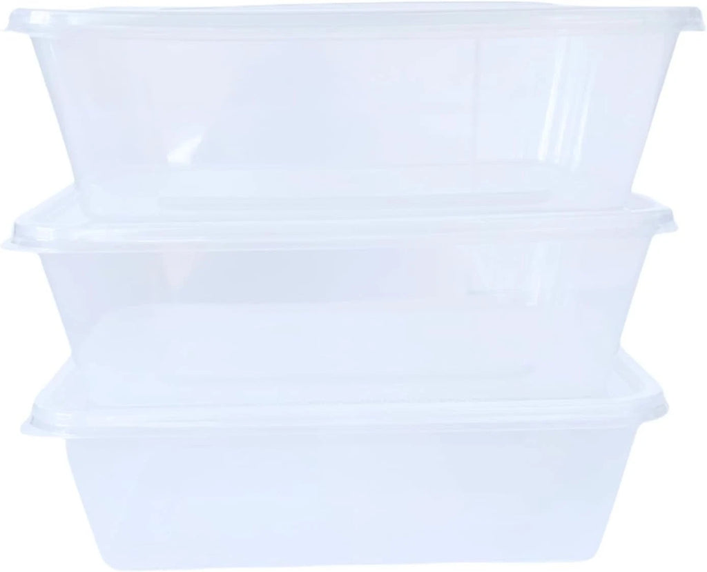 Reign Goods clear plastic food containers with lids, 500ml, BPA-free, microwave and freezer safe, ideal for meal prep.