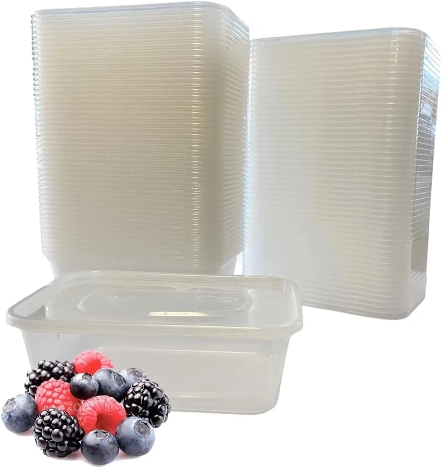 Set of 25 Reign Goods clear plastic food storage containers with lids, 500ml, BPA free, microwave and freezer safe, meal prep boxes.