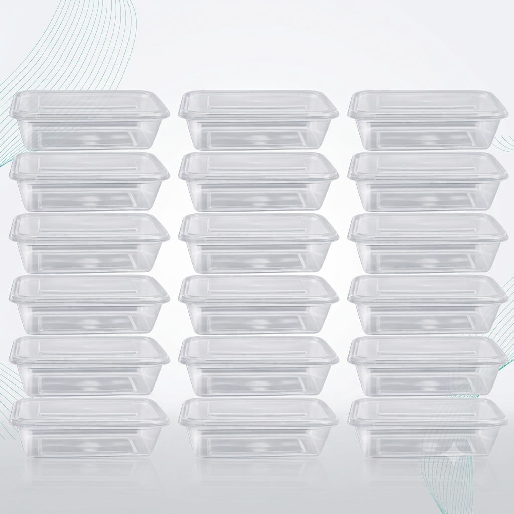 Set of 25 Reign Goods clear plastic food storage containers with lids, 650ml, BPA-free, microwave and freezer safe, meal prep boxes.