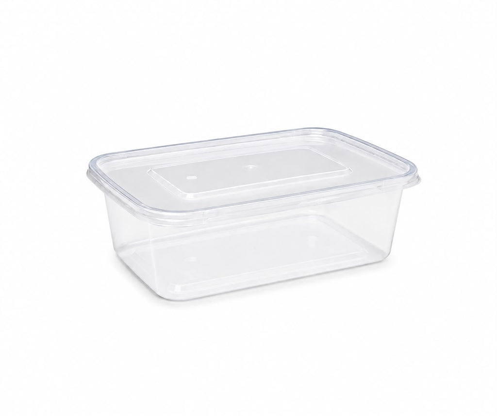 Set of 25 clear plastic food containers with lids, 650ml, BPA-free, microwave and freezer safe, Reign Goods meal prep boxes.