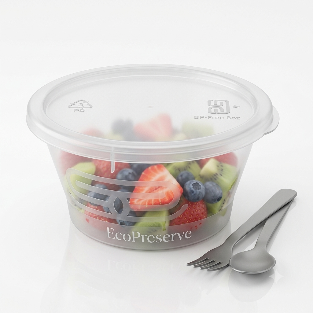 Set of five clear plastic round sauce pots with lids, 12oz capacity, BPA-free, microwave and freezer safe by Reign Goods.