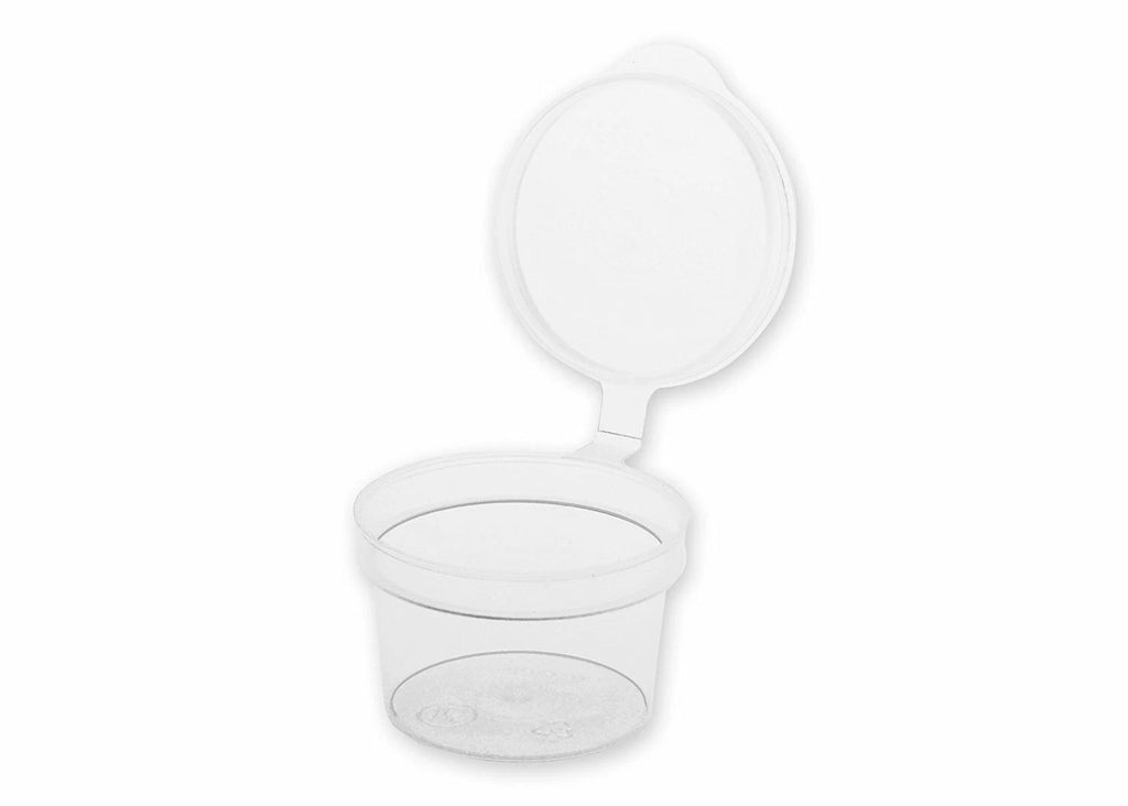 Set of five clear plastic round sauce pots with lids, 1oz/28ml, BPA-free, microwave and freezer safe for food storage.