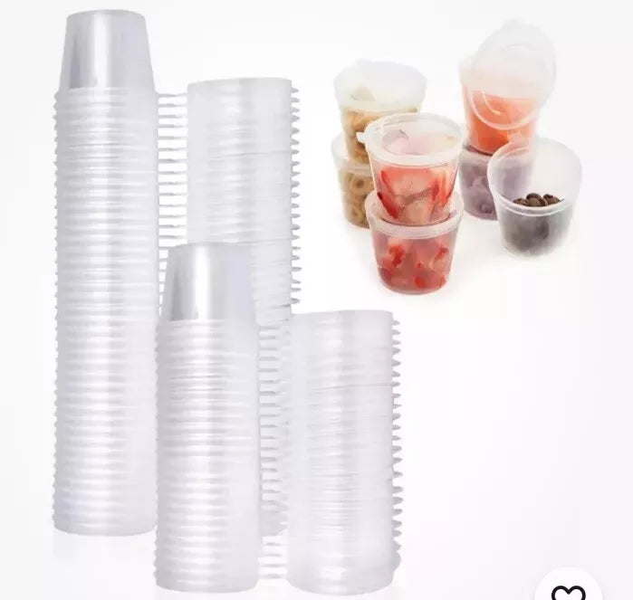 Set of five clear plastic Reign Goods sauce pots with lids, 1oz, BPA free, microwave and freezer safe for food storage.