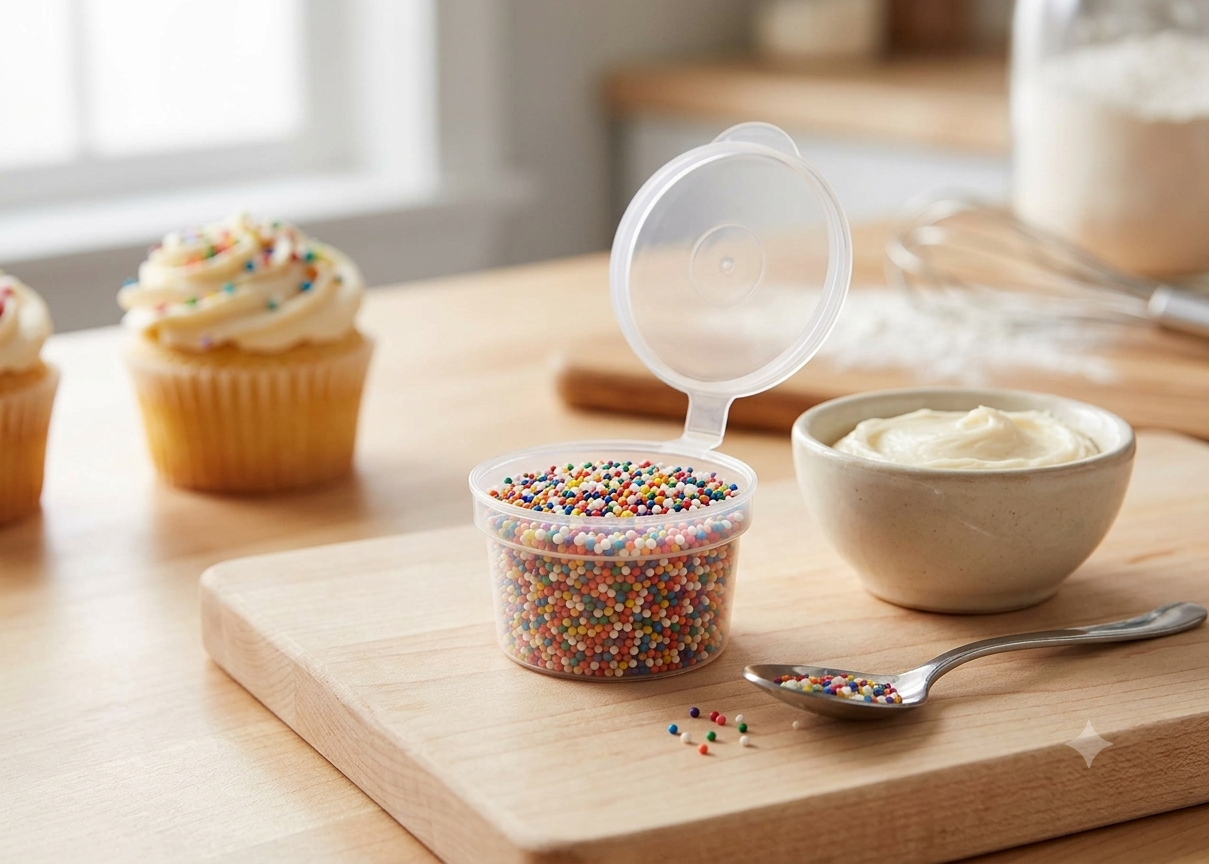 Reign Goods clear plastic round sauce pots with lids, 1oz, BPA-free, microwave and freezer safe, set of 5 for food storage.