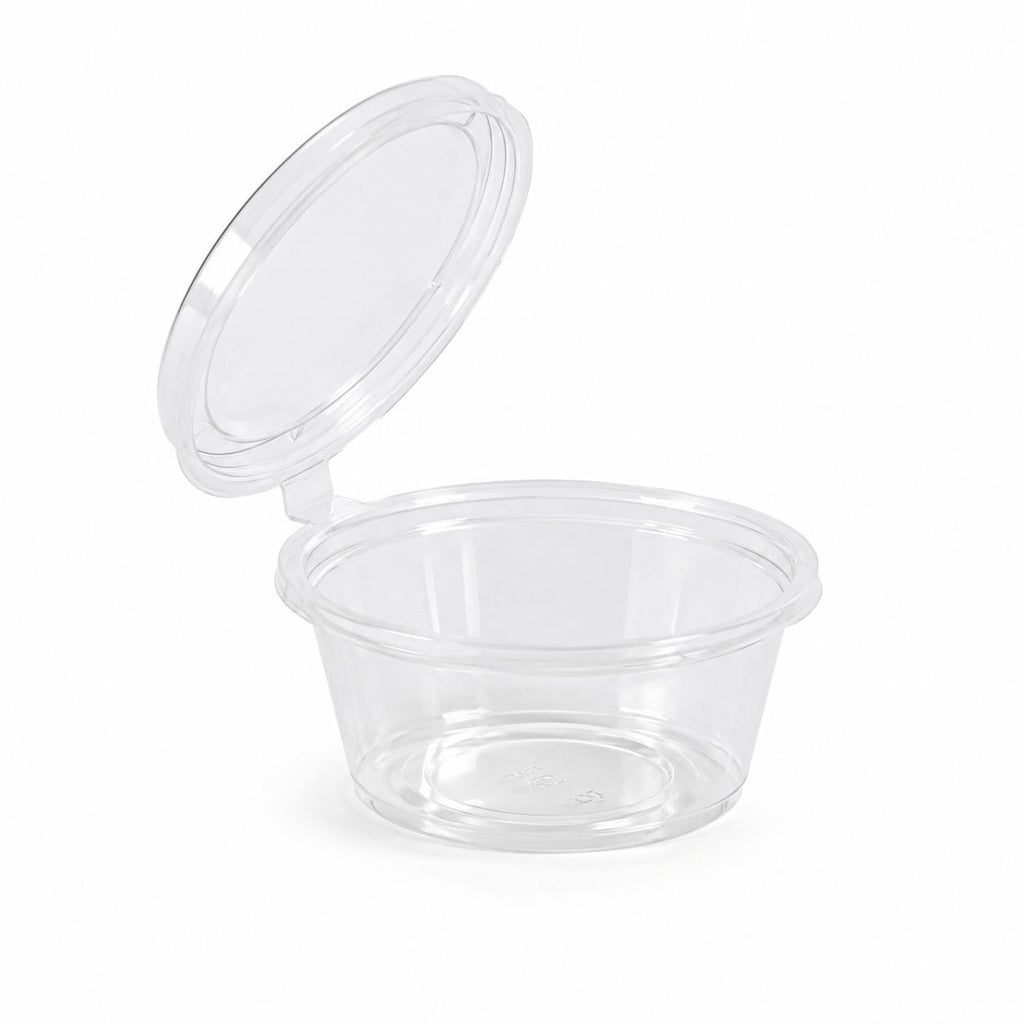 Reign Goods clear plastic round sauce pots with lids, 1oz, BPA-free, microwave and freezer safe, set of 5 for food storage.