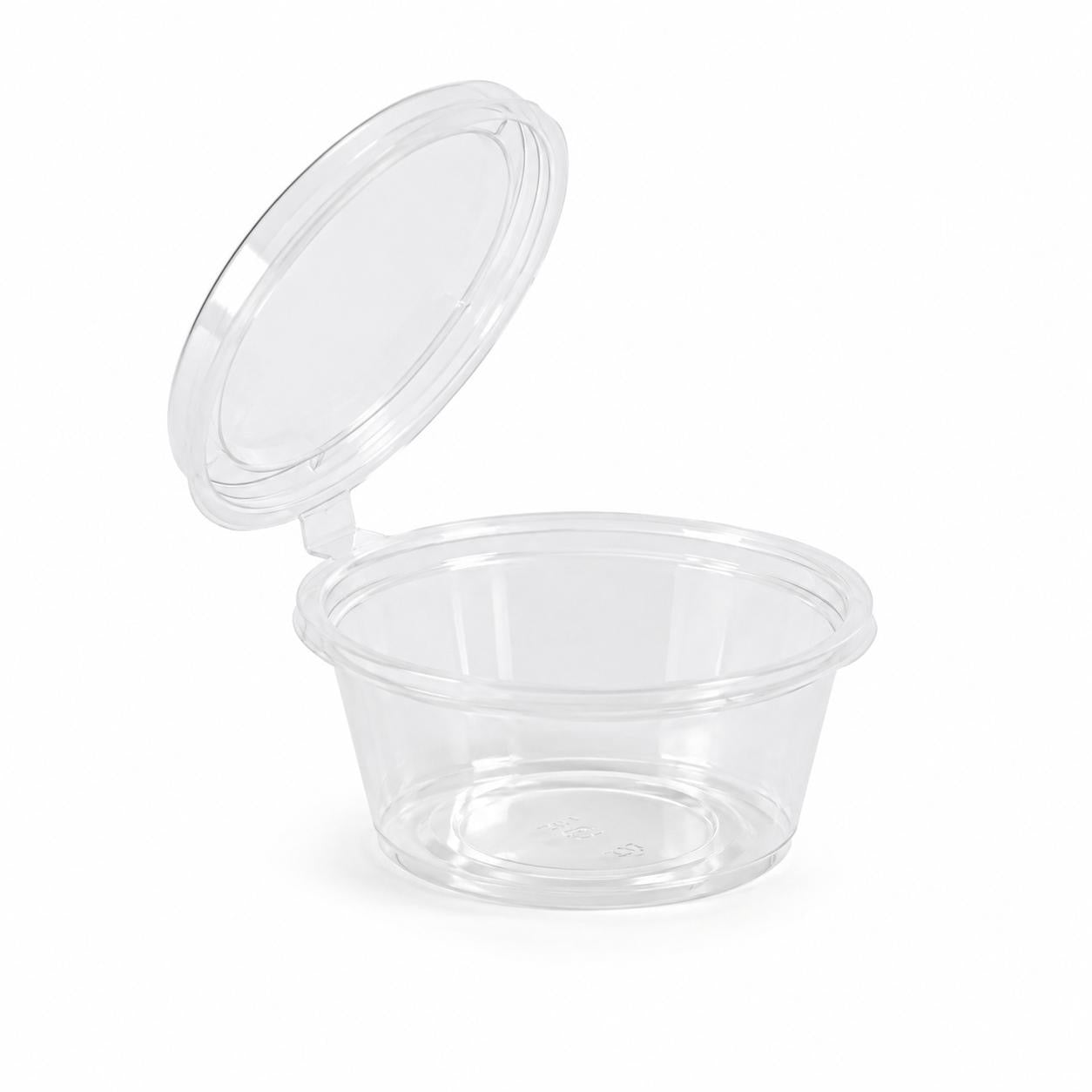 Reign Goods clear plastic round sauce pots with lids, 1oz, BPA-free, microwave and freezer safe, set of 5 for food storage.
