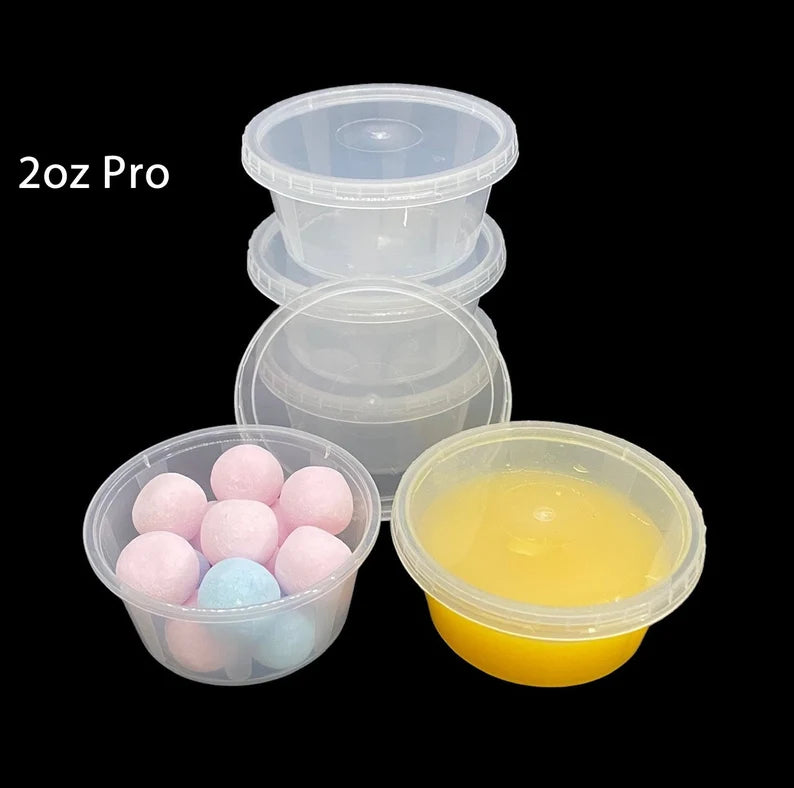 Set of five Reign Goods clear plastic sauce pots with lids, 2oz (60ml), BPA-free, microwave and freezer safe for food storage.