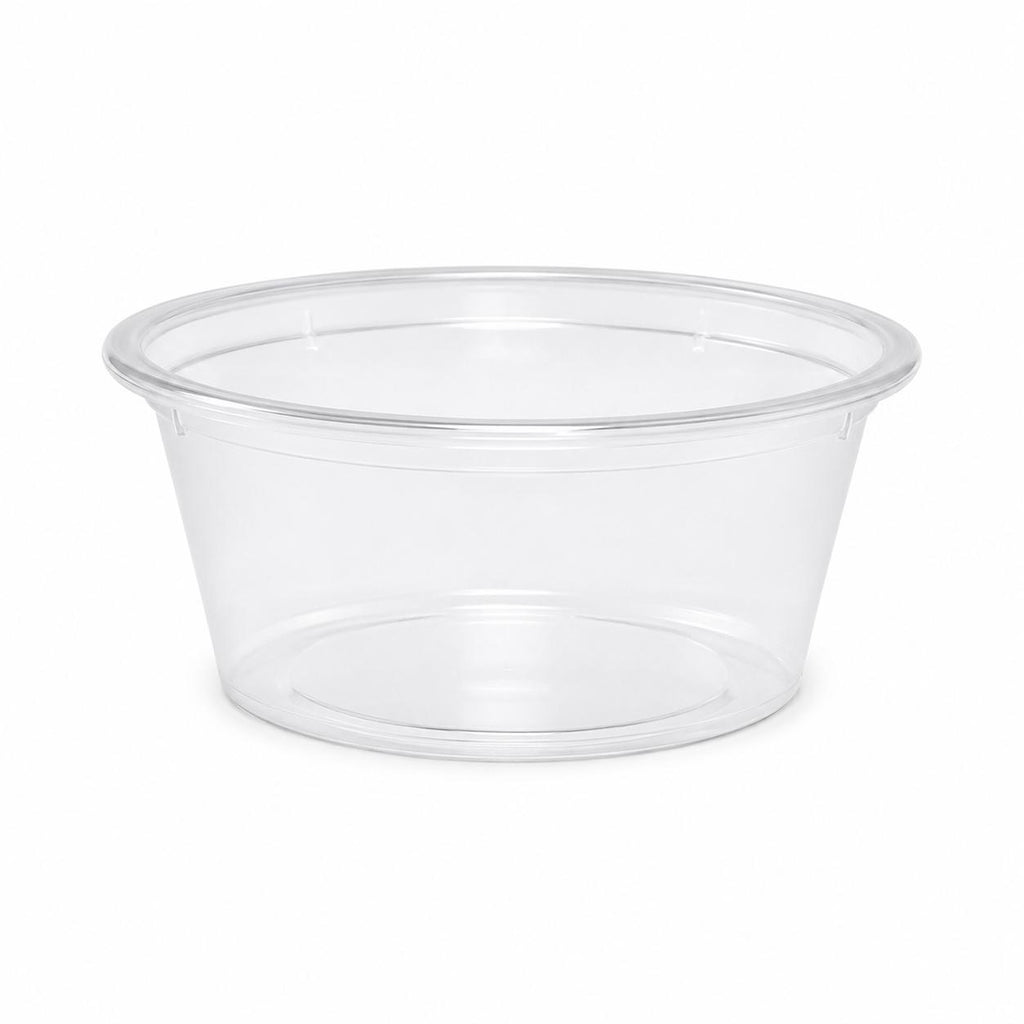 Set of five clear plastic round sauce pots with lids, 2oz capacity, BPA-free, microwave and freezer safe by Reign Goods.