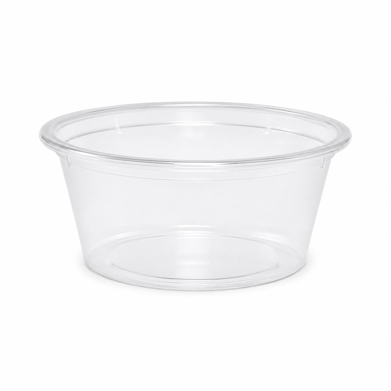Set of five clear plastic round sauce pots with lids, 2oz capacity, BPA-free, microwave and freezer safe by Reign Goods.