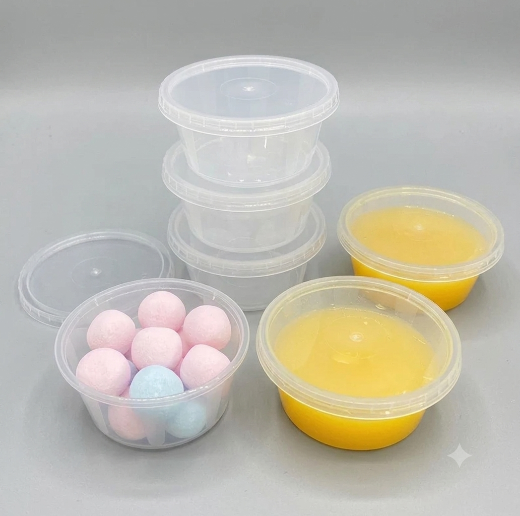 Set of five clear plastic round sauce pots with lids, 2oz, BPA-free, microwave and freezer safe for food storage by Reign Goods.