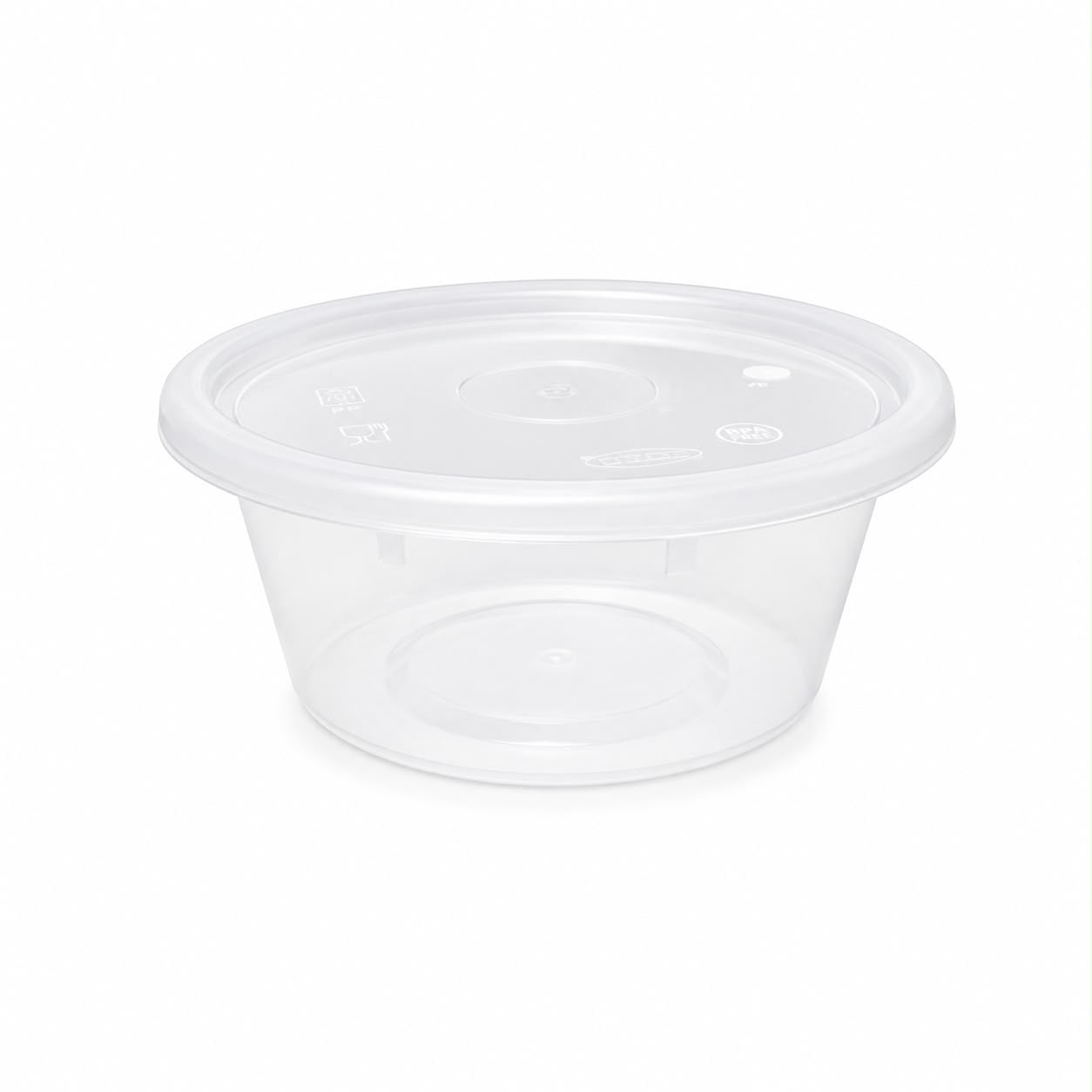 Set of five Reign Goods clear plastic round sauce pots with lids, 2oz, BPA-free, microwave and freezer safe for food storage.