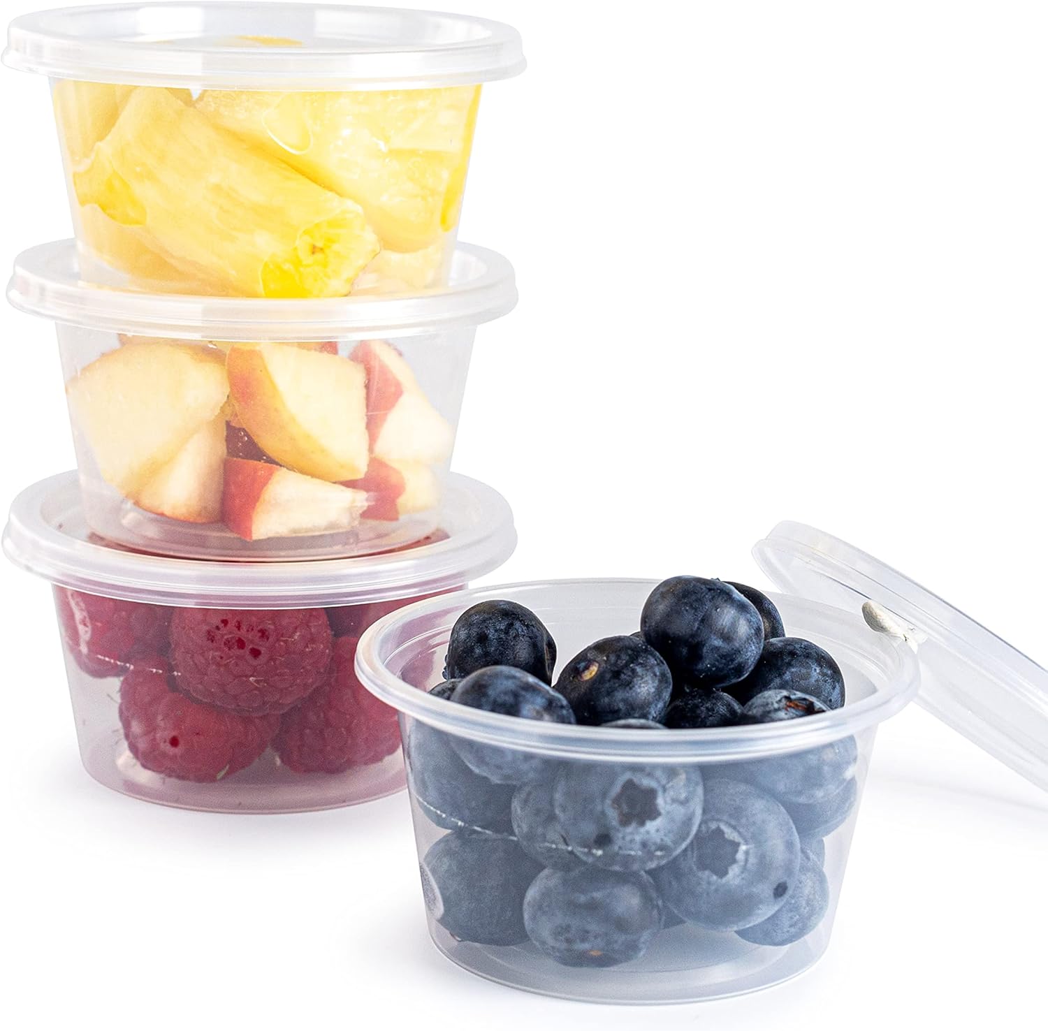 Set of five Reign Goods clear plastic round sauce pots with lids, 4oz, BPA free, microwave and freezer safe for food storage.