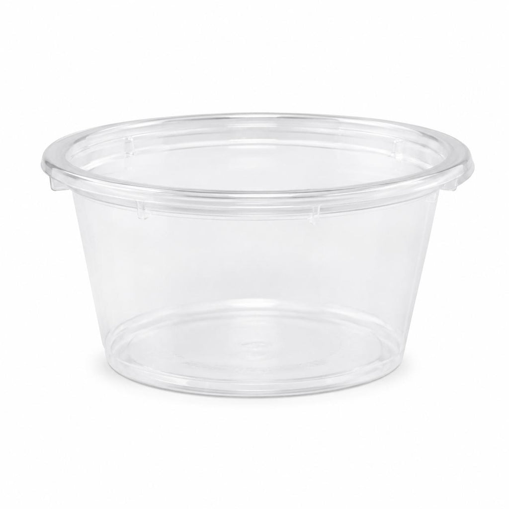 Set of five clear plastic Reign Goods 4oz round sauce pots with lids, BPA-free, microwave and freezer safe for food storage.
