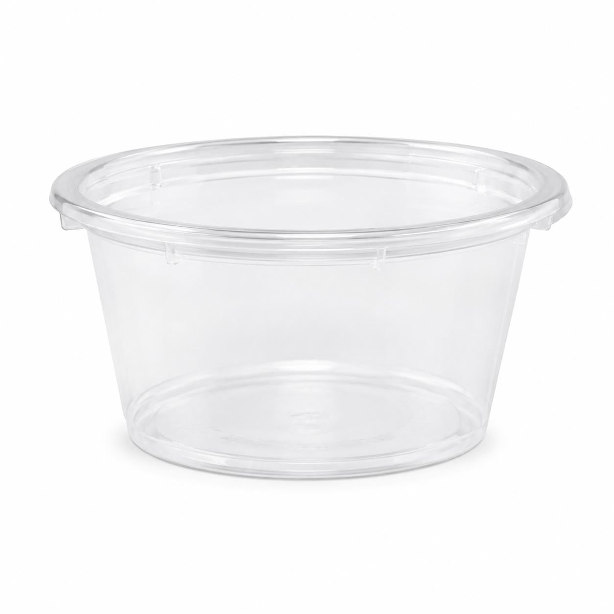 Set of five clear plastic Reign Goods 4oz round sauce pots with lids, BPA-free, microwave and freezer safe for food storage.