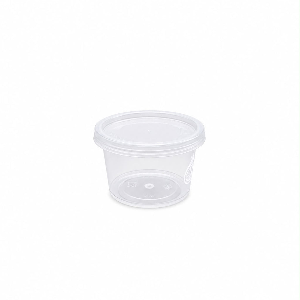 Set of five Reign Goods clear plastic round sauce pots with lids, 4oz/120ml, BPA-free, microwave and freezer safe for food storage.